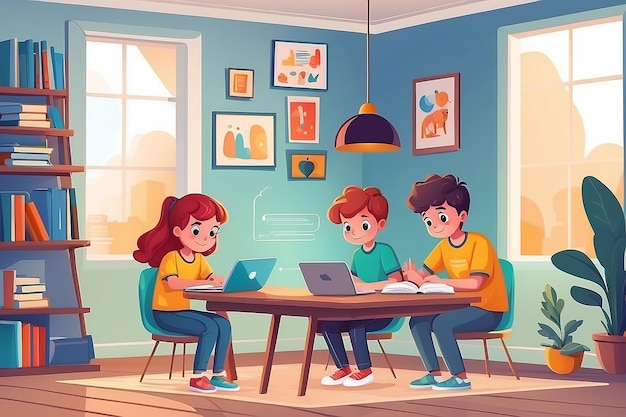 Elearning online education concept illustration Kids studying at home via internet