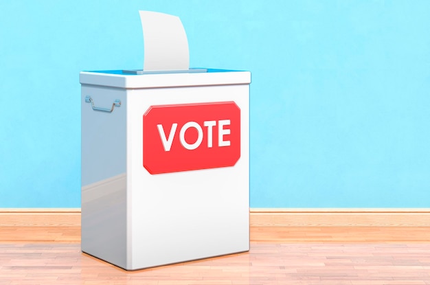 Election ballot box in room near wall 3D rendering