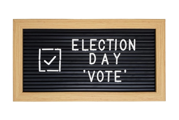 Photo election day letter board with vote check mark on white mock up template for voting or elections