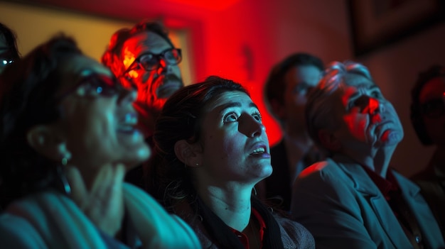 Election Night Reaction Candidate with Family and Campaign Staff Witnessing Results in Abstract Illustration