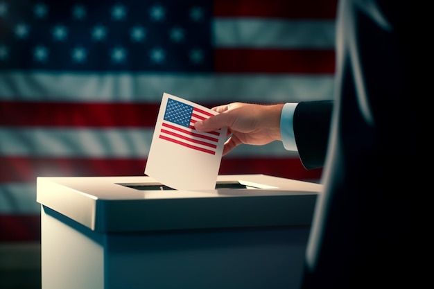 Election of the President of the USA Throwing the ballot into the box on the background of the flag