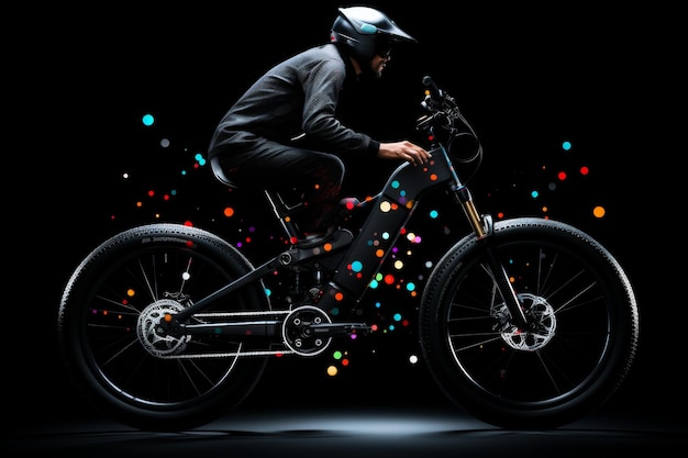 Photo electric bike rider in motion with colorful lights