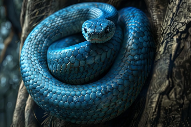 Electric blue snake coils on tree branch a fascinating organism in wildlife