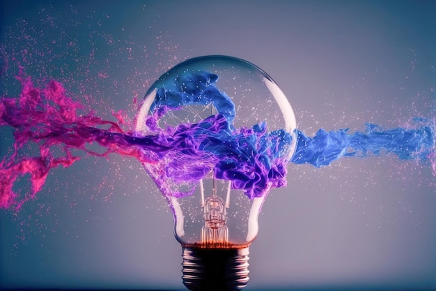 Electric bulb breaking and explode blue and purple lights concept of idea crash