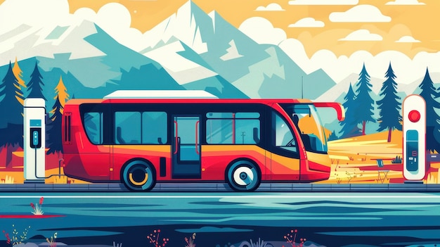 Electric Bus Charging in Majestic Mountain Landscape