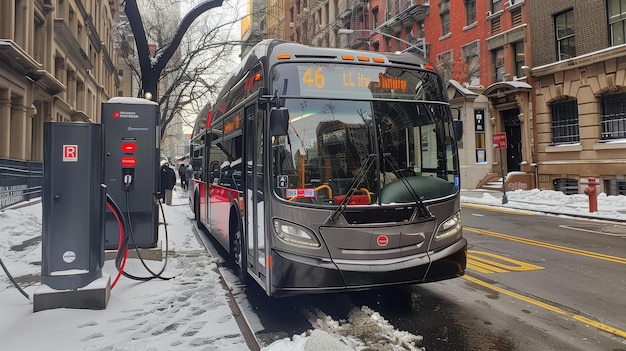 Photo electric bus charging at urban station a modern city street scene with another bus in view