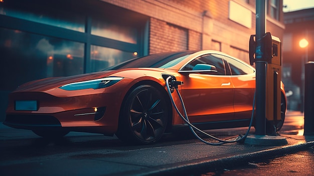 Electric car being charged at a charging station Generative AI