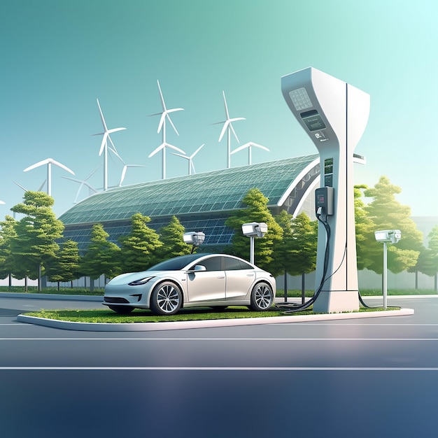 Electric car charger station with rooof with solar panels and wind turbine