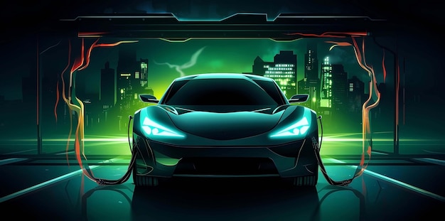 Electric car charging at the charger station in the city Generative AI illustrations