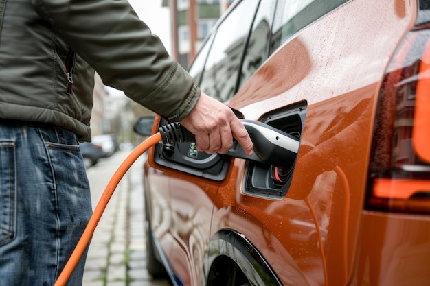 Electric Car Charging Male Hands in Action