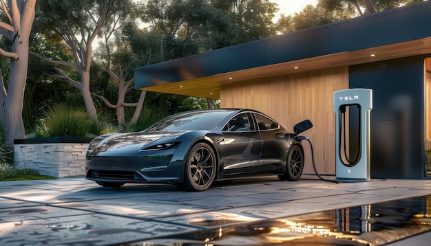 Photo electric car charging at a modern home in the evening with surrounding greenery