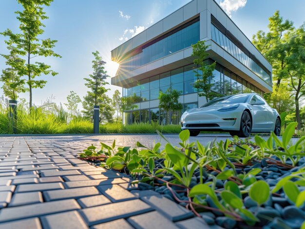 Photo electric car charging at modern office building with green plants under bright sunshine and blue sky