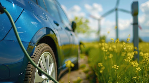 Electric car charging near wind turbines in green field on sunny day