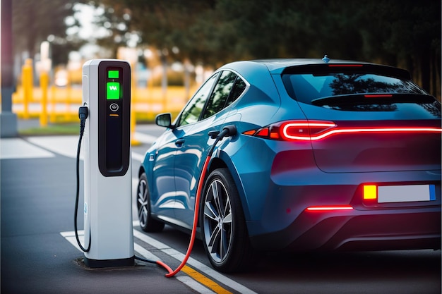 Electric car charging at a power station Generative AI