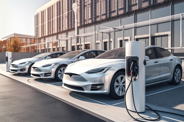 Electric car on charging spot in front of architecture office buildings