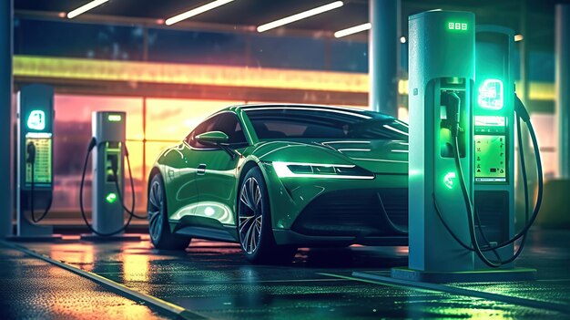 Electric car charging on the station illustration Green neon glowing EV vehicle filling up a battery Modern hybrid Generative Ai