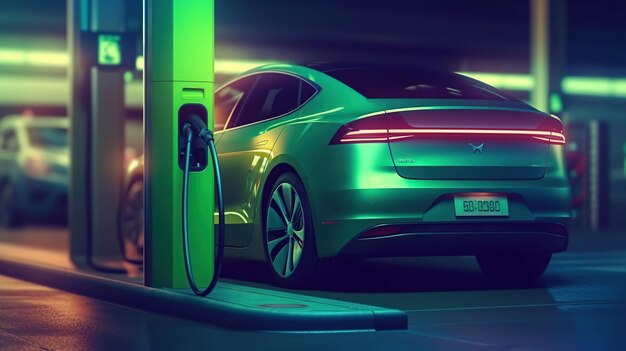 Electric car charging on the station illustration Green neon glowing EV vehicle filling up a battery Modern hybrid Generative Ai