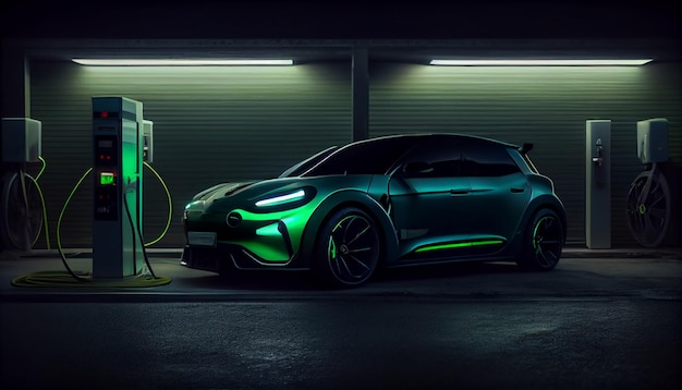 Electric car charging on the station illustration Green neon glowing EV vehicle filling up a battery Modern hybrid