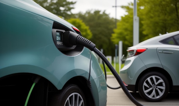 Electric car at charging station with the power cable supply plugged in