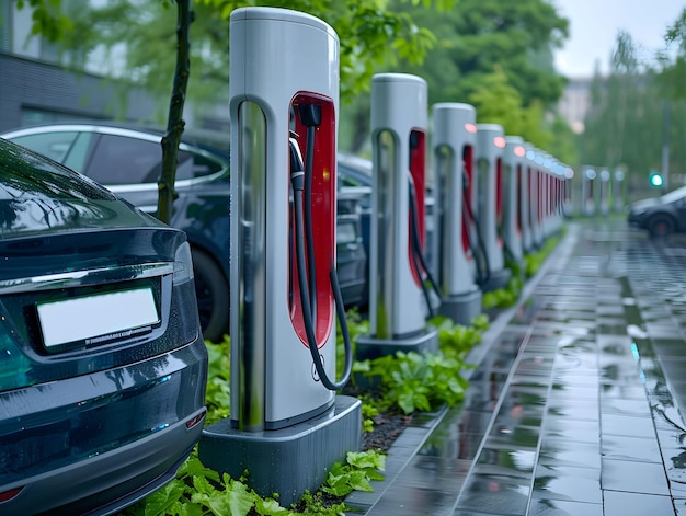 Photo electric car charging stations lined up on a rainy day in an urban area with greenery