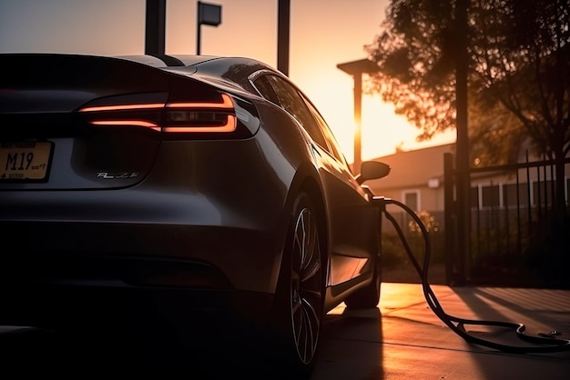 Electric car charging on the street at sunset Closeup Generative AI