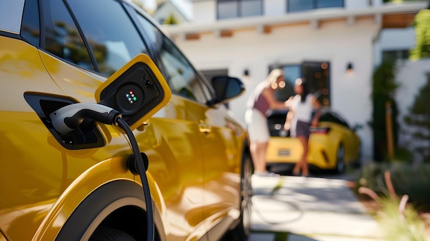 Electric Car Charging at a Sustainable Home with Family Vehicle in Driveway