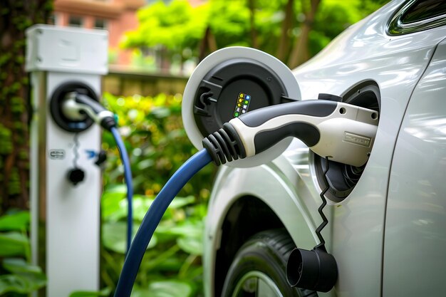 Electric Car Charging at a Textured Charging Station