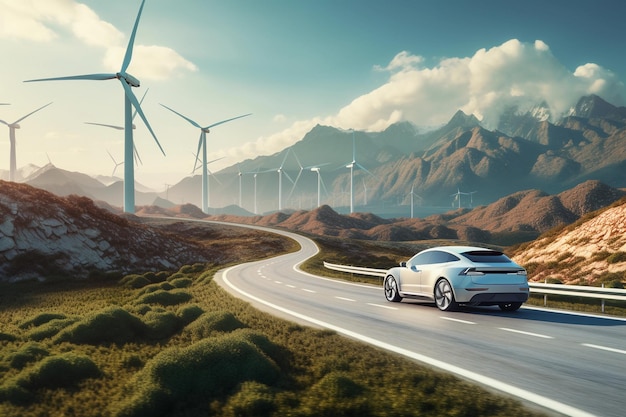 Electric car drive on the wind turbines background Car drives along a mountain road Electric car driving along windmills farm Alternative energy for cars Car and wind turbines farm