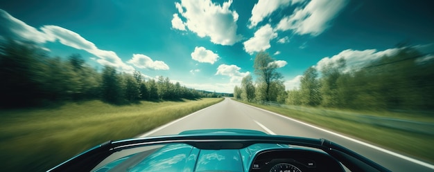 Electric Car driving on the road with green nature and blue sky motion blur background Generative AI