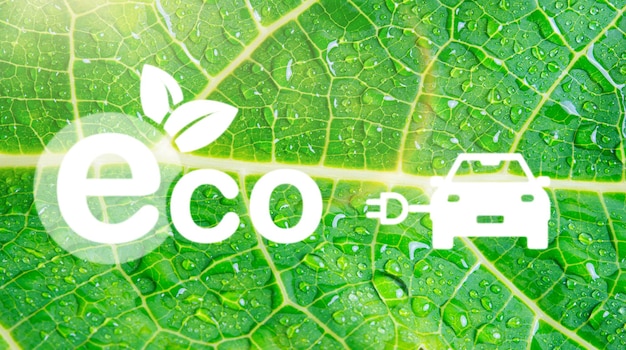 Electric car and Eco environment Icons shape on green leaf