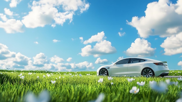 Electric Car in a Green Field