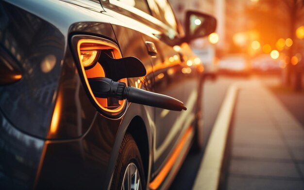 An electric car is being charged by a charger AI