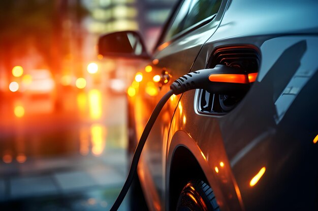 an electric car is plugged into an electric charger generative ai