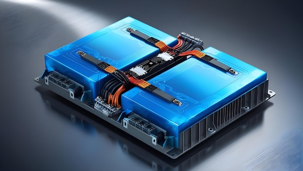 Photo an electric car lithium battery pack is illustrated with power connections showcasing the core