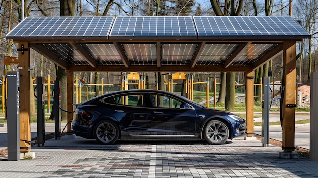 Photo electric car parked under solar canopy in modern parking lot with renewable energy technology