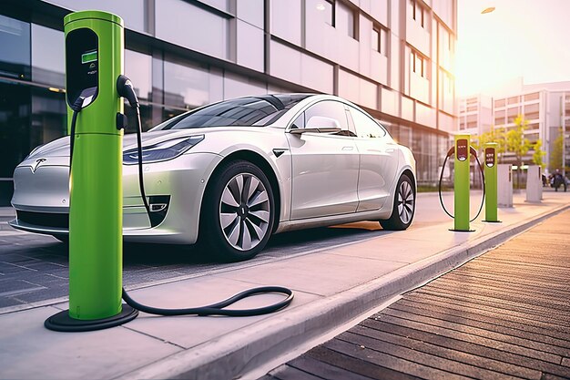 An electric car plugged in to a charging station