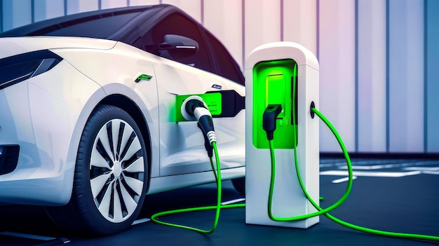 An electric car plugged into charging station Generative AI