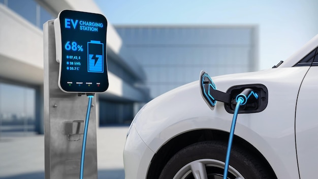 Electric car recharge to charging station with future building Peruse