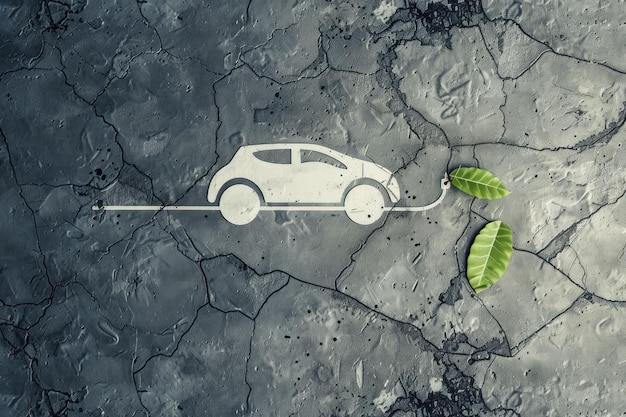 Electric car silhouette connected to leaves on cracked gray surface