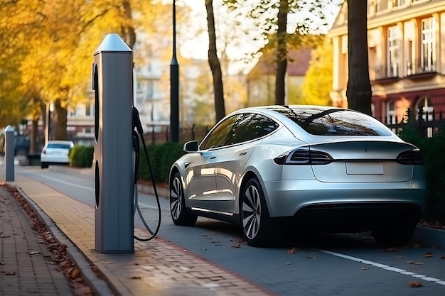 An electric car stands near an electric filling station Horizontal photo Autumn weather