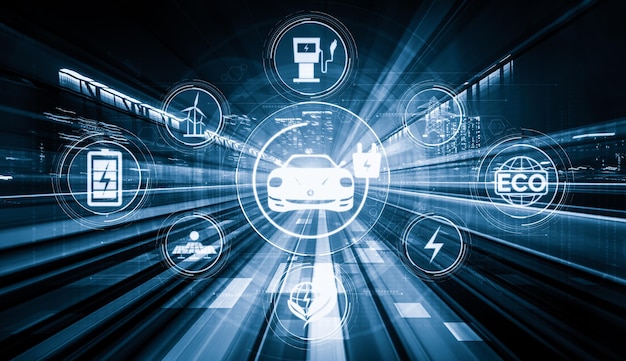 Electric car virtual reality graphic on road in fast speed EV charging station