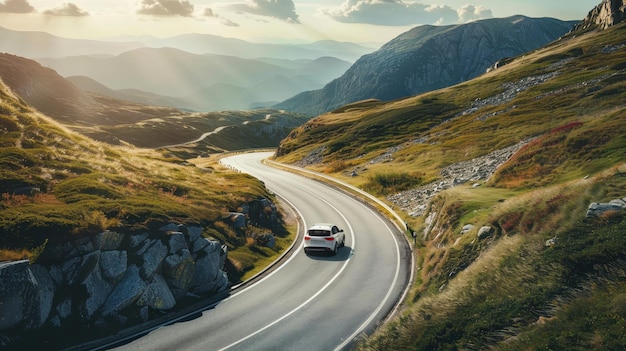 Photo electric car on a winding mountain road