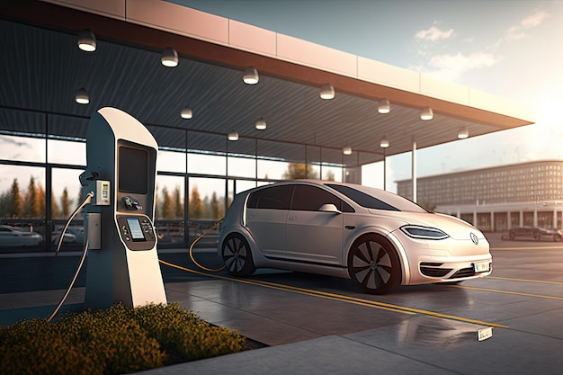 Electric car with charging station visible parked in public transportation terminal