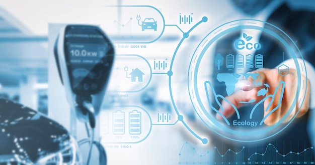 Electric car with EV charging station concept for green energy and eco power produced to charger station in order to reduce CO2 emission