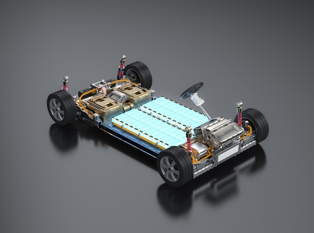 Electric car with pack of battery cells module on platform