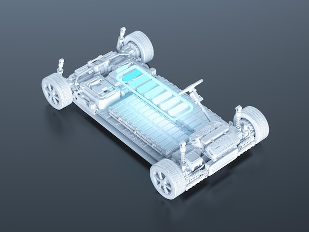 Electric car with pack of battery cells module on platform