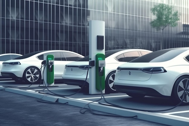 Electric cars charging at a charging station 3d rendering