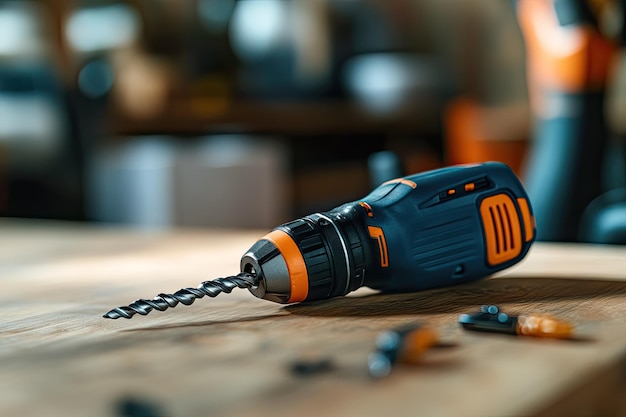 Photo electric cordless screwdriver on the battery on the table with a selftapping screw in the board