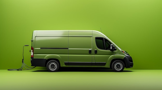 Electric delivery van charging at green background with sustainable energy charging station