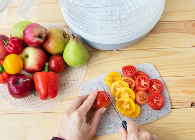 Electric drying machine for dehydrating products with horizontal loading of pallets Top view girl cuts tomatoes for drying closeup natural light